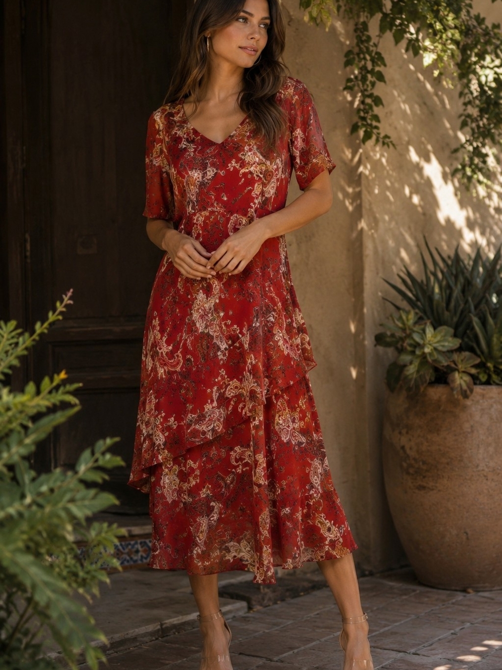Jessica Taylor XL Red Paisley Chiffon Midi Dress V-Neck Layered Boho